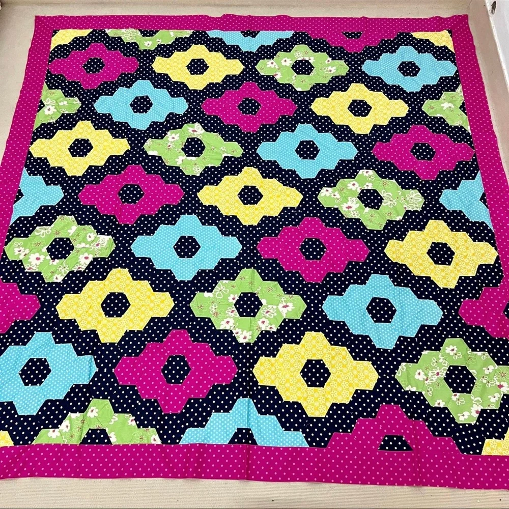 Handmade Flower Hexagon Sewing Patchwork Cotton Queen size Quilt Top/Topper
